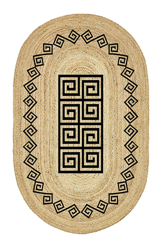Boho 987 Jüt Hasır Etnik Desenli Oval Jüt Örme Doğal Hasır Natural Oval Halı