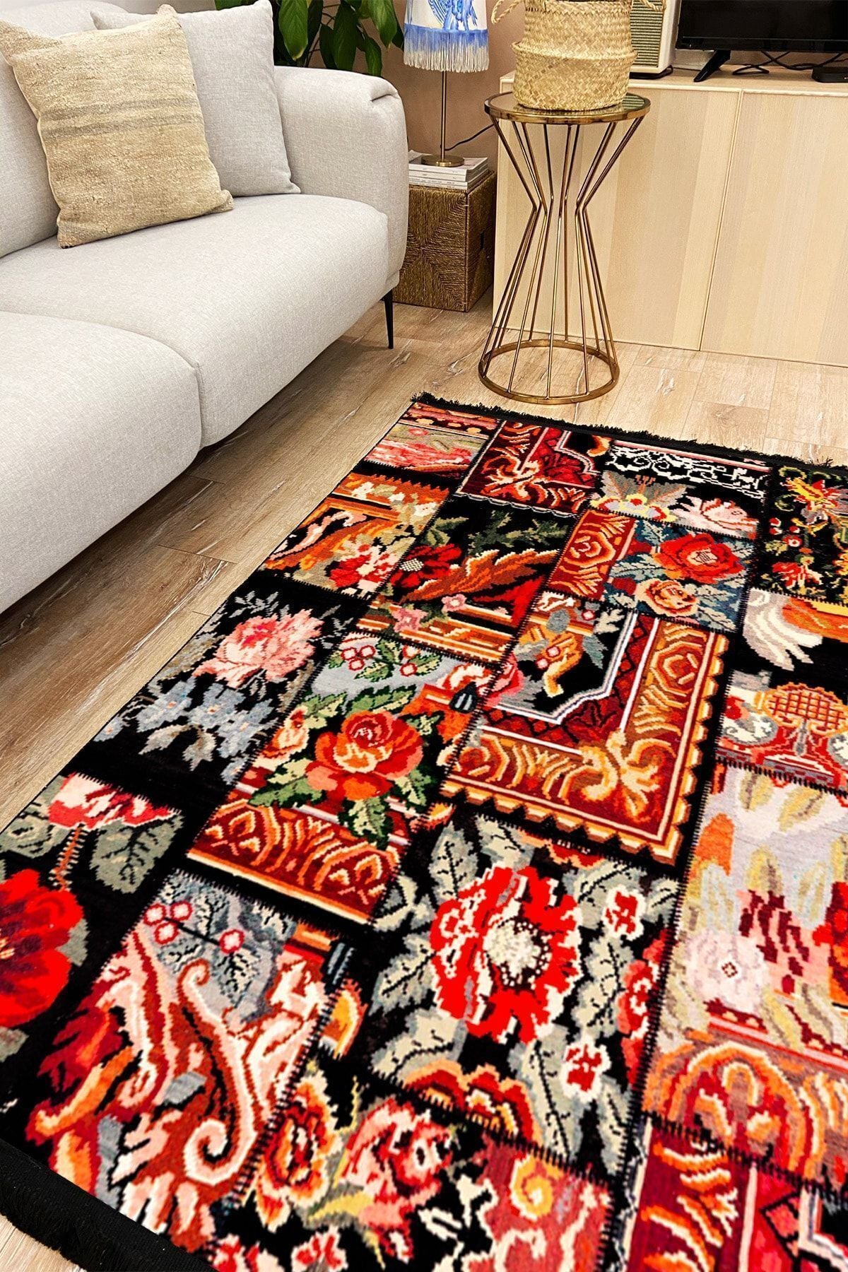 Halı Vagonu 2007 Siyah Ve Multy Tonlarında Desen Kaymaz Taban Dekoratif Halı