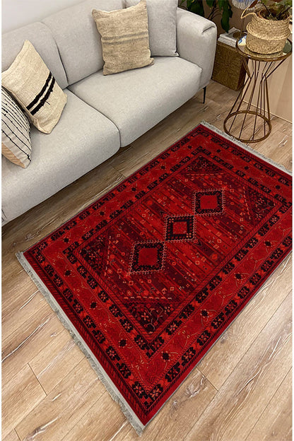 Halı Vagonu 90 Kırmızı Tonlarında Klasık Dekoratif Kilim Salon Halısı Saçaklı Yıkanabilen Halı
