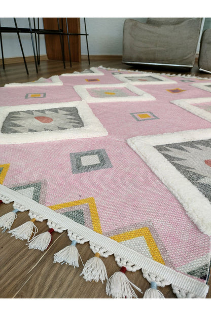 Tafting Kilim Serisi Üzeri Peluşlu Dokuma Taban Dekoratif Kilim