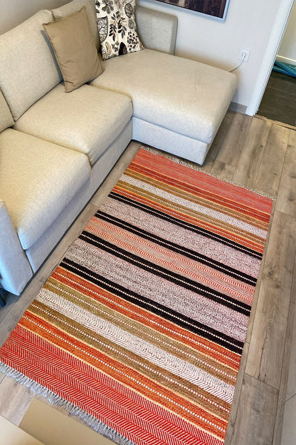 Cotton Serisi Hasır Görümlü Çıtır Düz Çizgili Eskitme Desen Dekoratif Dokuma Taban Kilim