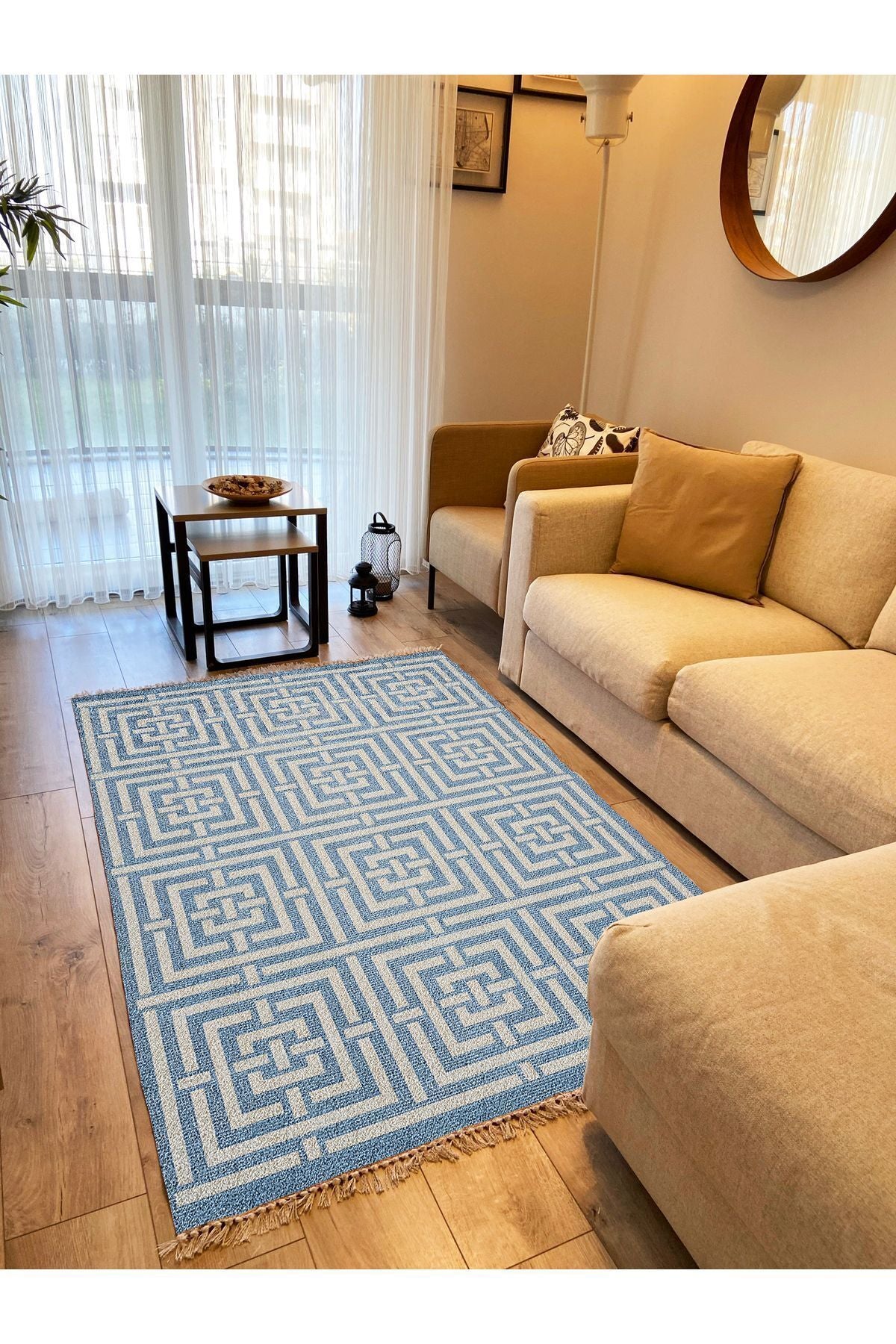 Cotton 83 Etnik Deniz Mavisi Modern Monogram Stil Pamuk Taban Kilim 083