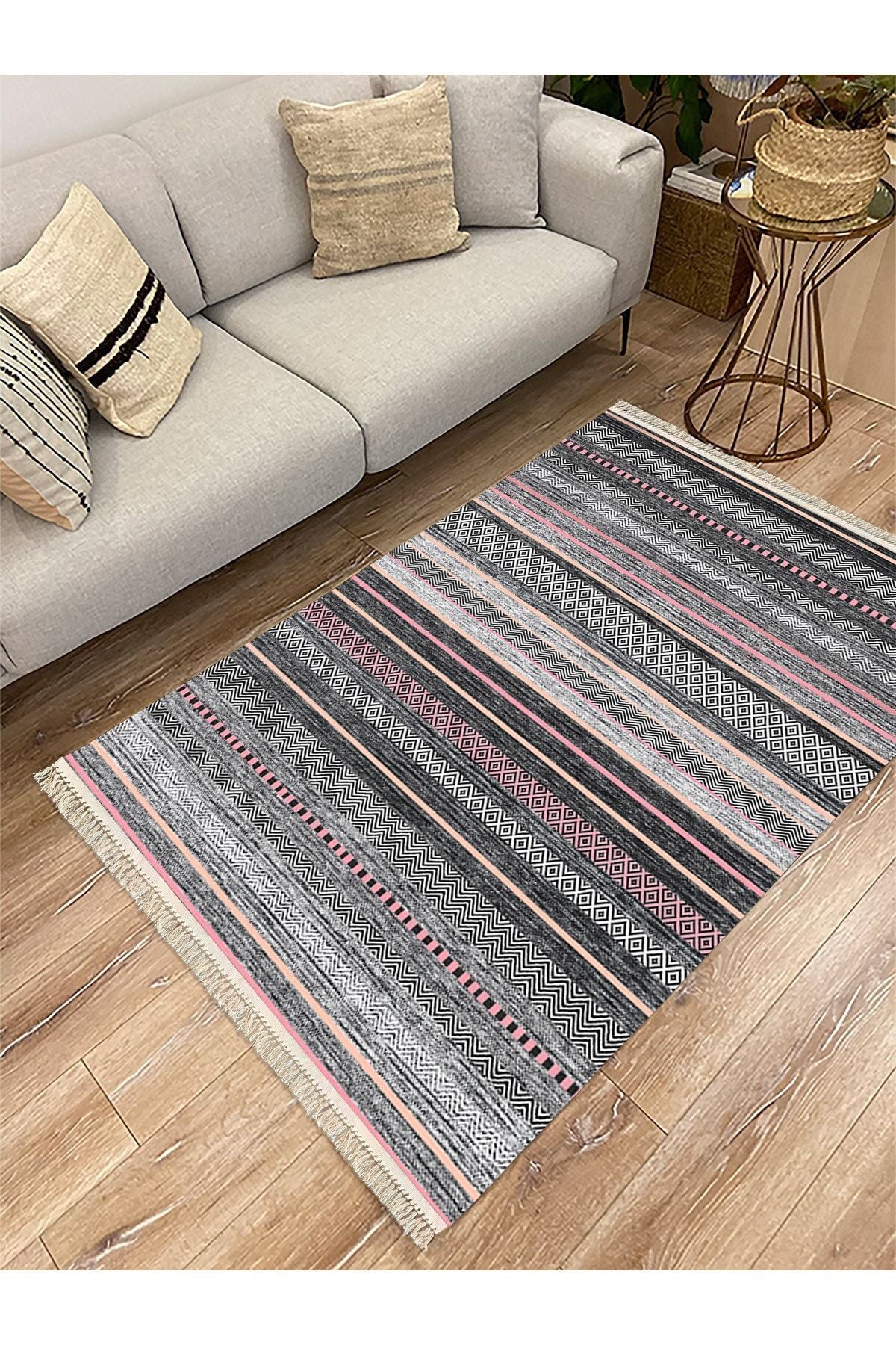 Cotton Serisi Multy Tonlarında Baklava Ve Düz Çizgili Eskitme Desen Dekoratif Dokuma Taban Kilim