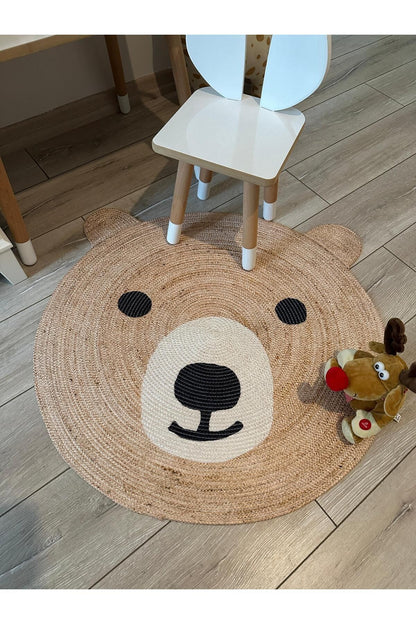 Boho 958 Sevimli Ayıcık Örgü Taban Yuvarlak Natural Çift Taraflı Çocuk ve Bebek Odası Halı