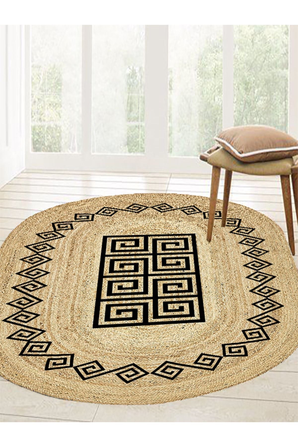 Boho 987 Jüt Hasır Etnik Desenli Oval Jüt Örme Doğal Hasır Natural Oval Halı