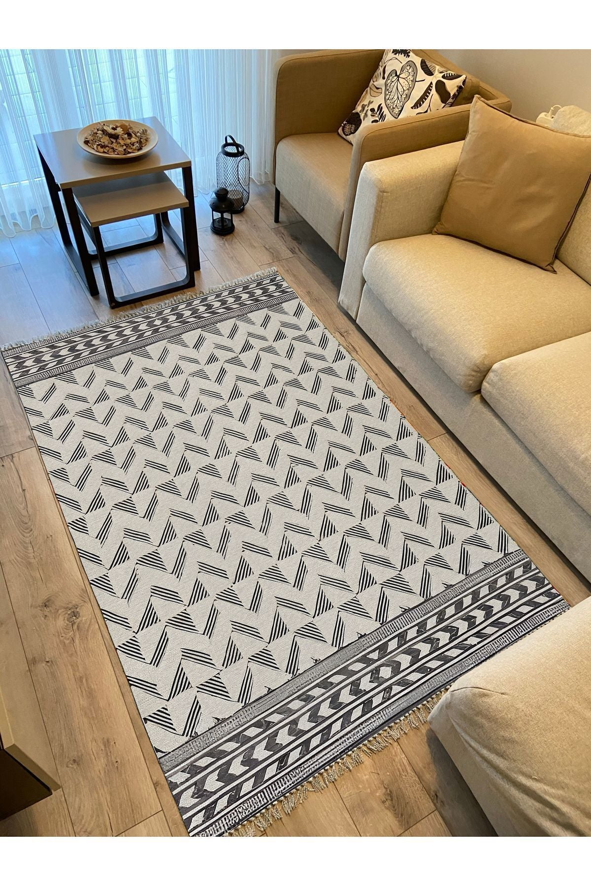 Cotton Kilim 14 Gri Zeminli Çizgili Desenli Dekoratif Yıkanabilen Dokuma Taban Kilim