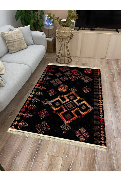 Cotton Serisi Siyah Tonlu Geometrik Eskitme Desen Dekoratif Dokuma Taban Kilim