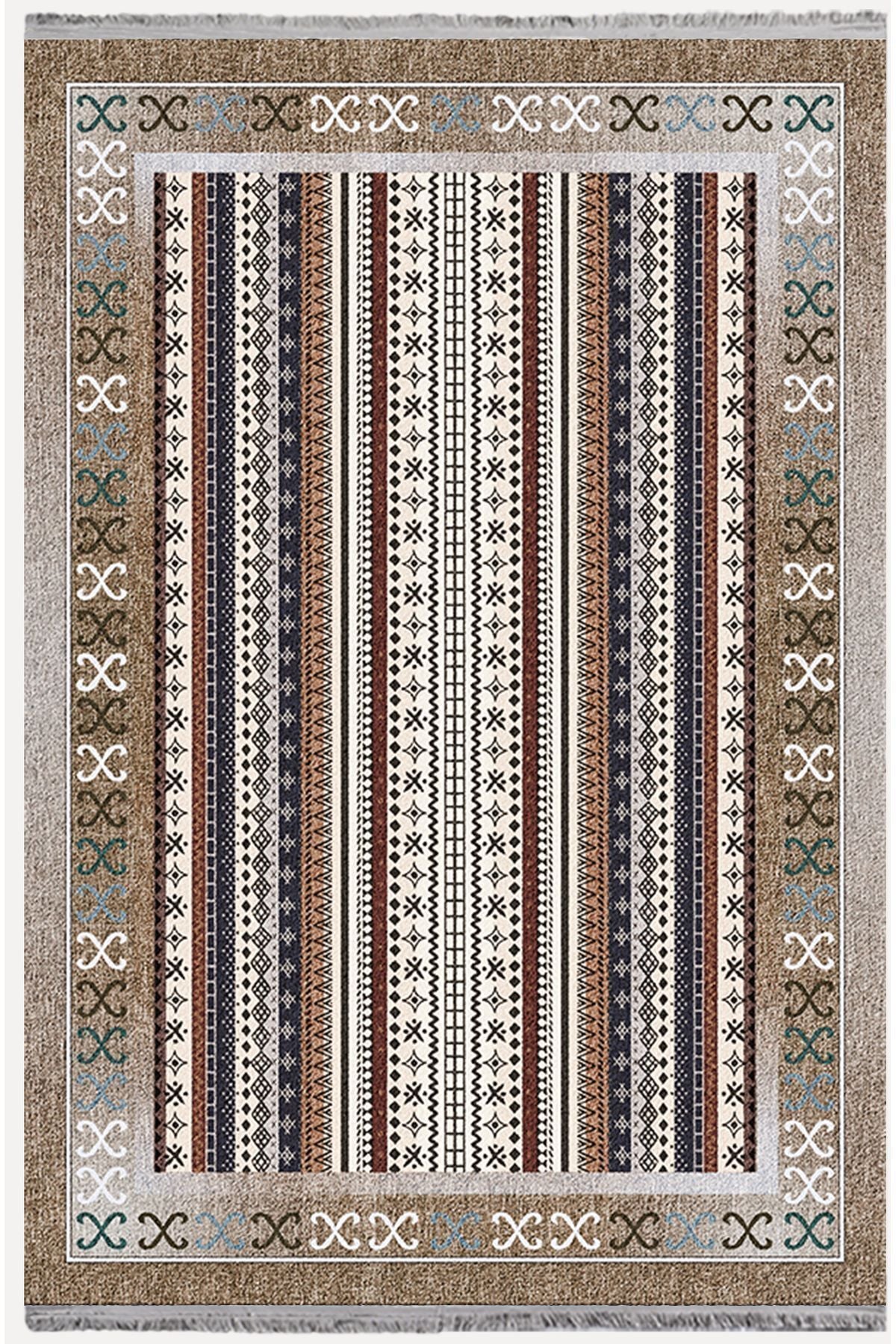 Halı Vagonu Halı 2075 Kahve Tonunda Dekoratif Halı Salon Halısı Saçaklı Yıkanabilen Halı