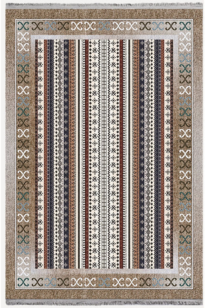 Halı Vagonu Halı 2075 Kahve Tonunda Dekoratif Halı Salon Halısı Saçaklı Yıkanabilen Halı