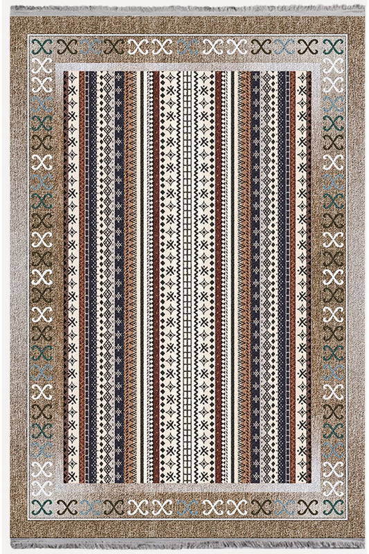 Halı Vagonu Halı 2075 Kahve Tonunda Dekoratif Halı Salon Halısı Saçaklı Yıkanabilen Halı