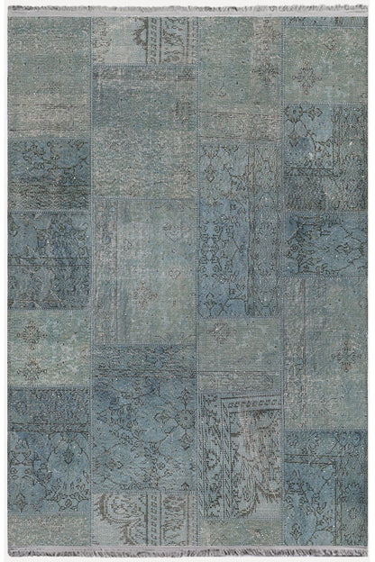 Halı Vagonu 2091 Mavi Tonlarında Patchwork Eskitme Desen Kaymaz Taban Dekoratif Halı