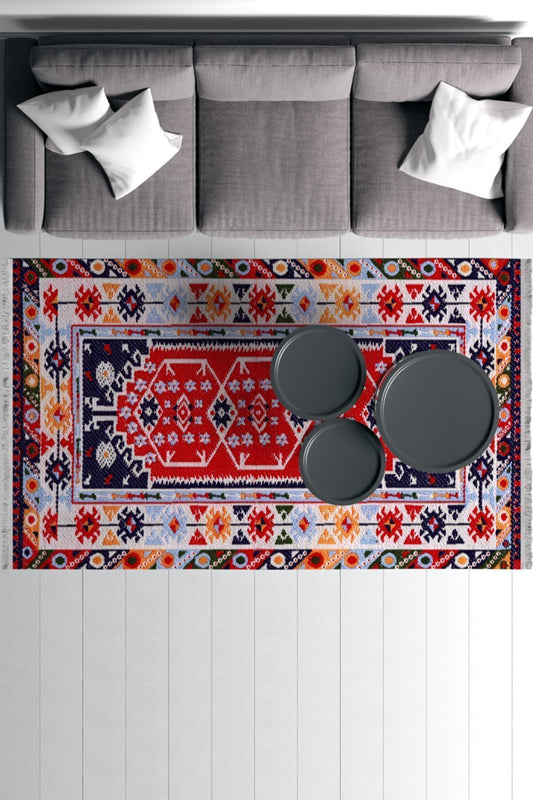 Halı Vagonu Serisi Siyah Ve Beyaz Tonlarda Çiçekli Desen Kaymaz Taban Şönil Halı