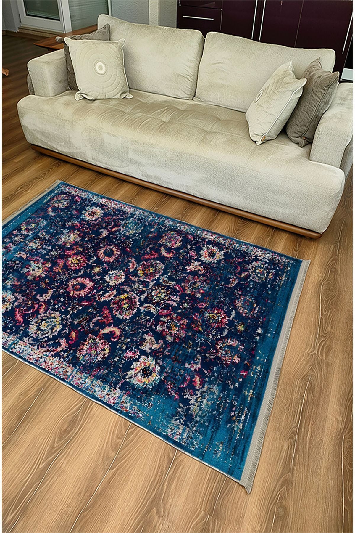 Halı Vagonu Halı 96 Lacivert Tonlarında Klasık Dekoratif Halı Salon Halısı Saçaklı Yıkanabilen Halı