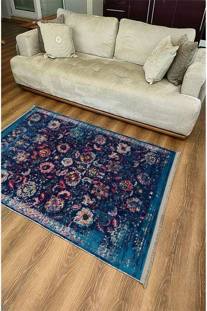 Halı Vagonu Halı 96 Lacivert Tonlarında Klasık Dekoratif Halı Salon Halısı Saçaklı Yıkanabilen Halı