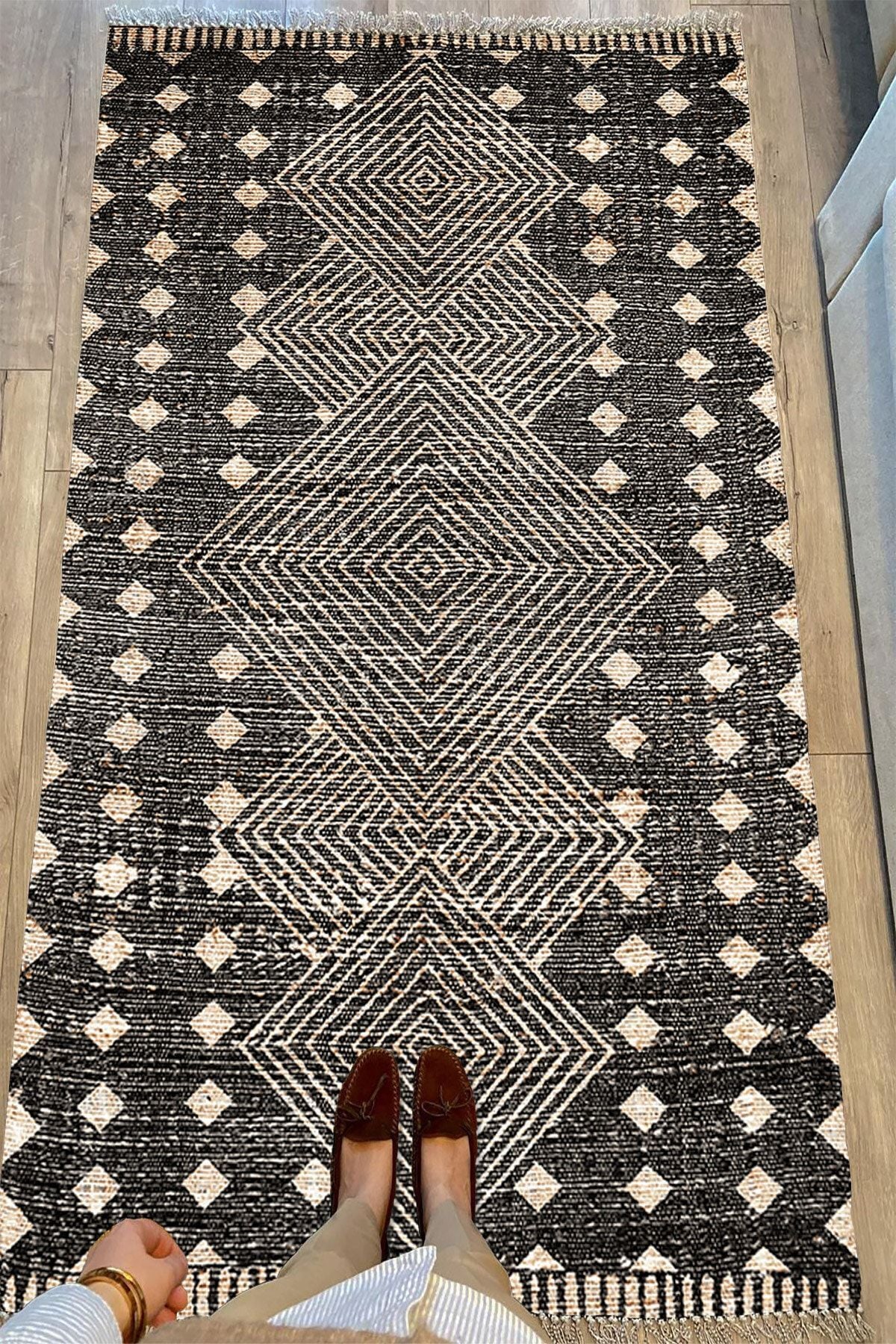 Cotton Serisi Hasır Görünümlü Iç Içe Kareler Eskitme Etnik Desen Dekoratif Dokuma Taban Kilim