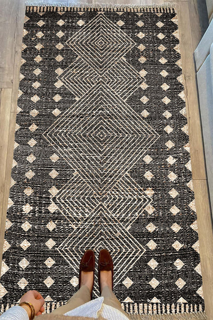 Cotton Serisi Hasır Görünümlü Iç Içe Kareler Eskitme Etnik Desen Dekoratif Dokuma Taban Kilim