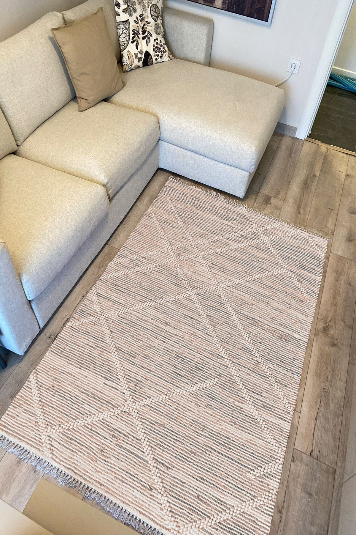 Cotton Serisi Gri Tonlarında Hasır Çizgileri Eskitme Desen Dekoratif Dokuma Taban Kilim