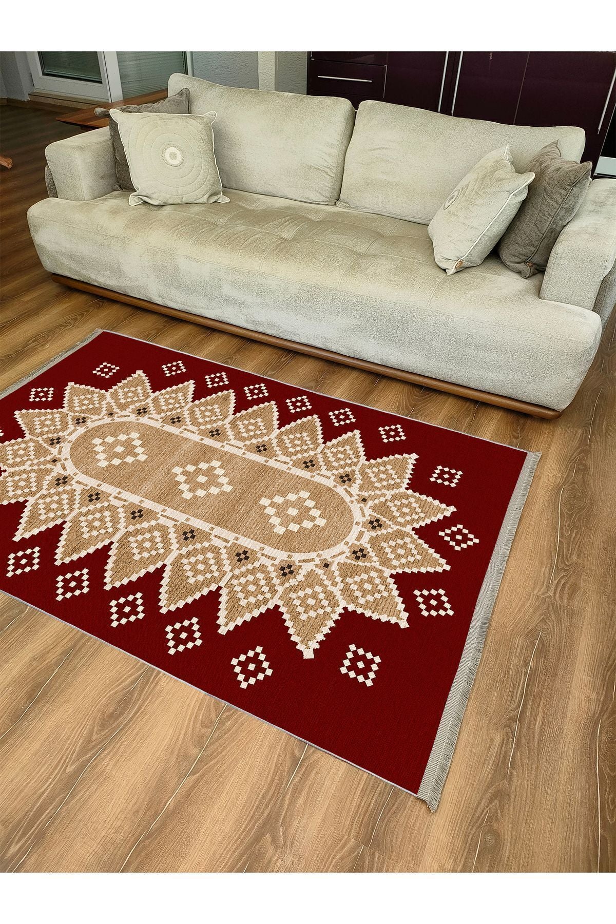 Halı Vagonu107 Kırmızı Tonlarında Klasık Dekoratif Kilim Salon Halısı Saçaklı Yıkanabilen Halı