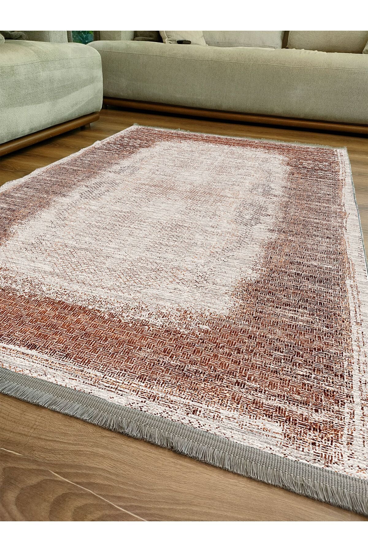 Halı Vagonu Halı 2096 Kahve Tonunda Geometrik Kilim Salon Halısı Saçaklı Yıkanabilen Halı