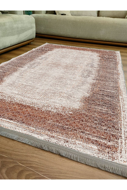 Halı Vagonu Halı 2096 Kahve Tonunda Geometrik Kilim Salon Halısı Saçaklı Yıkanabilen Halı