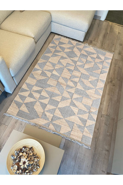 Cotton Kilim 34 Jut Efekli Modern Desenli Dekoratif Yıkanabilen Dokuma Taban Kilim