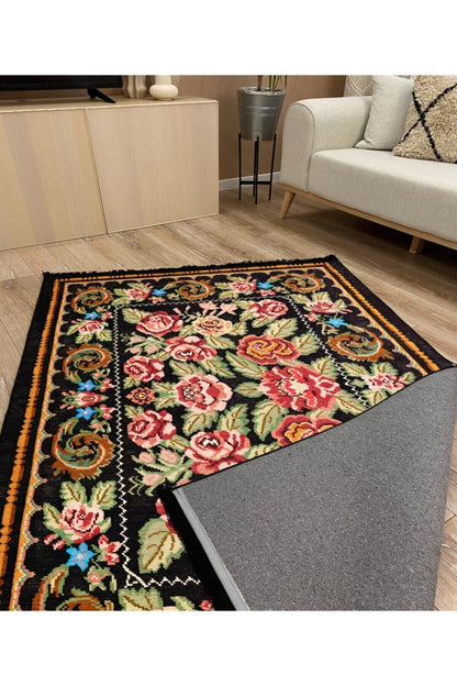 Halı Vagonu 2010 Siyah Ve Sarı Tonlarında Bordürlü Geometrik Desen Kaymaz Taban Dekoratif Halı