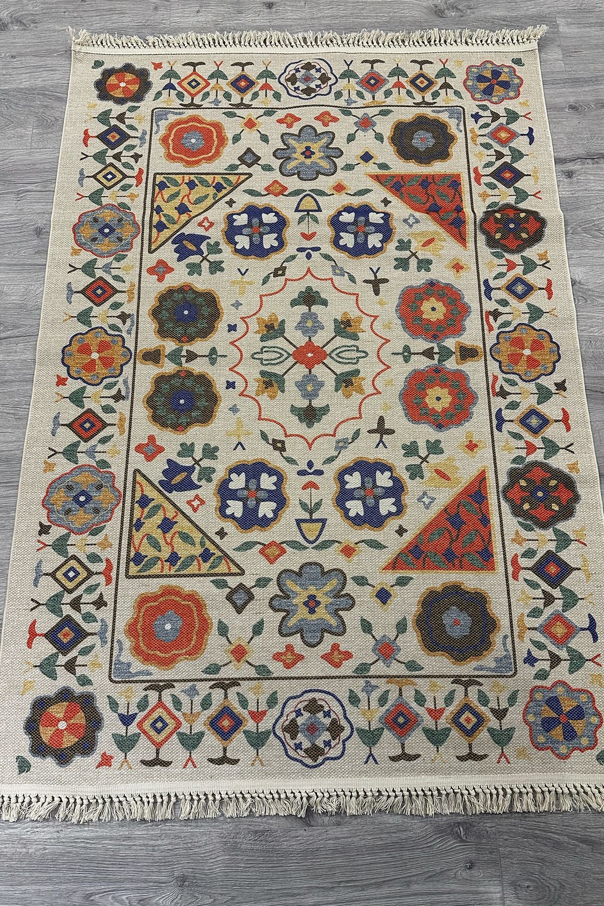 Cotton Etnik Otantik Çini Desenli Çok Renkli Makina Dokuma Kilim 2035