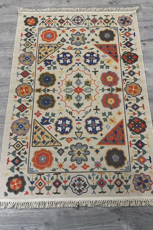 Cotton Etnik Otantik Çini Desenli Çok Renkli Makina Dokuma Kilim 2035