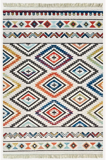 Cotton Kilim 19 Krem Zeminli Çizgili Desenli Dekoratif Yıkanabilen Dokuma Taban Kilim