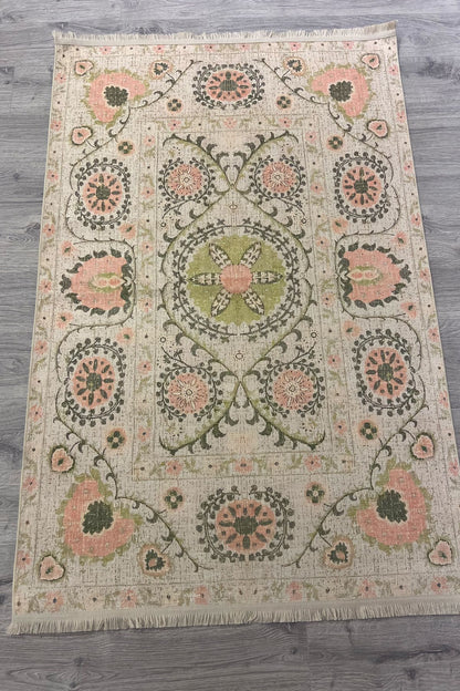 Çiçekli Floral Krem Pudra Pembesi Pop Art Salon Halısı Mutfak Halısı Yolluk Otantik Halı HV  232