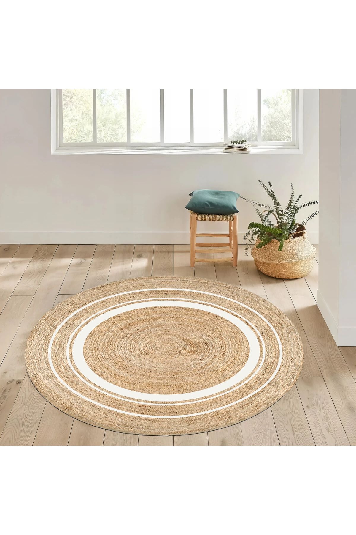Boho 991 Natural Jüt Görünümlü Desen Üzerine Beyaz Halkalar Yuvarlak Natural Çift Taraflı Halı