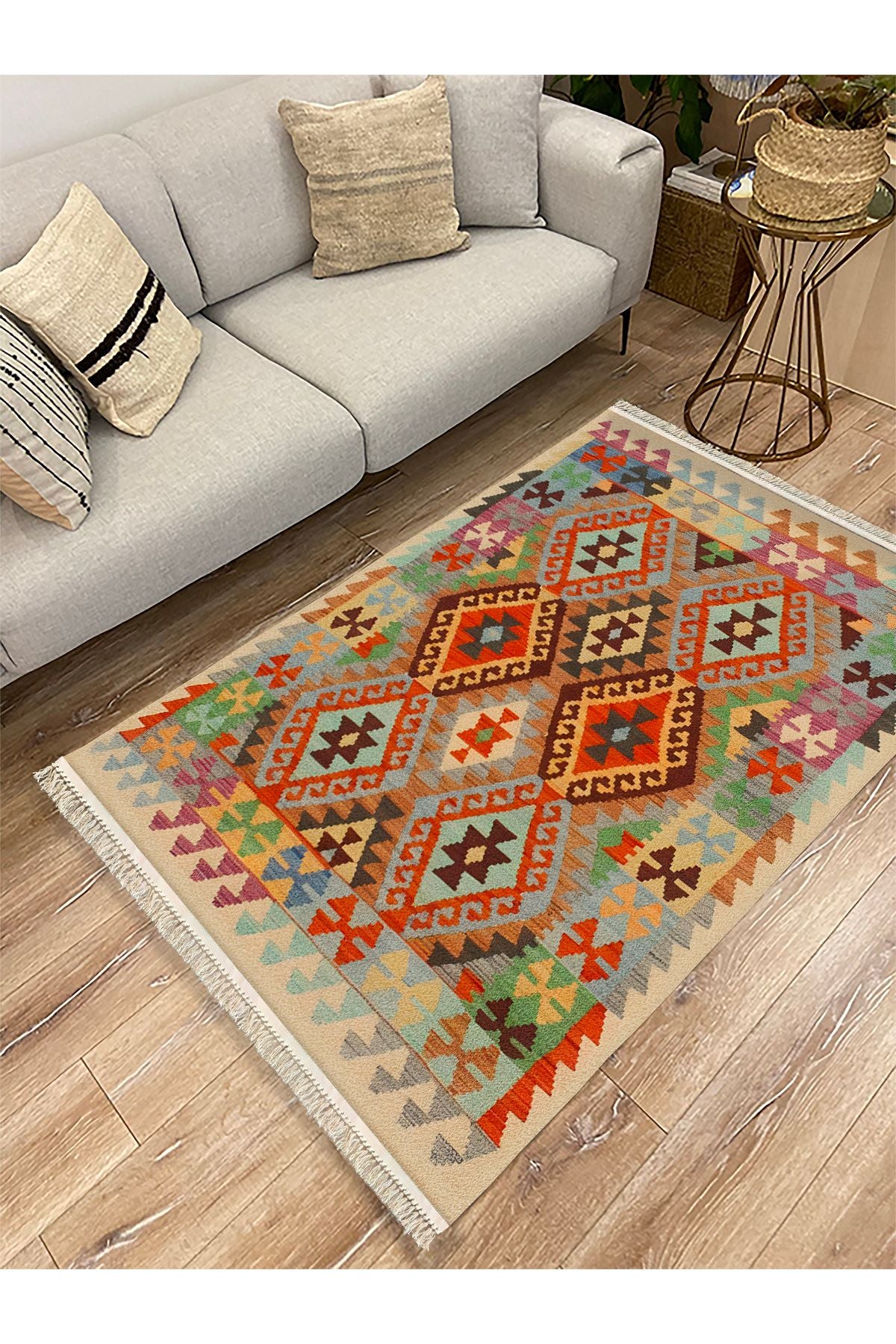 Cotton Kilim 84 Çok Renkli Etnik Boho Stil Pamuk Taban