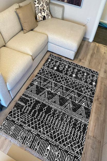 Cotton Serisi Siyah Beyaz Iskandinav Otantik Desen Dekoratif Dokuma Taban Kilim