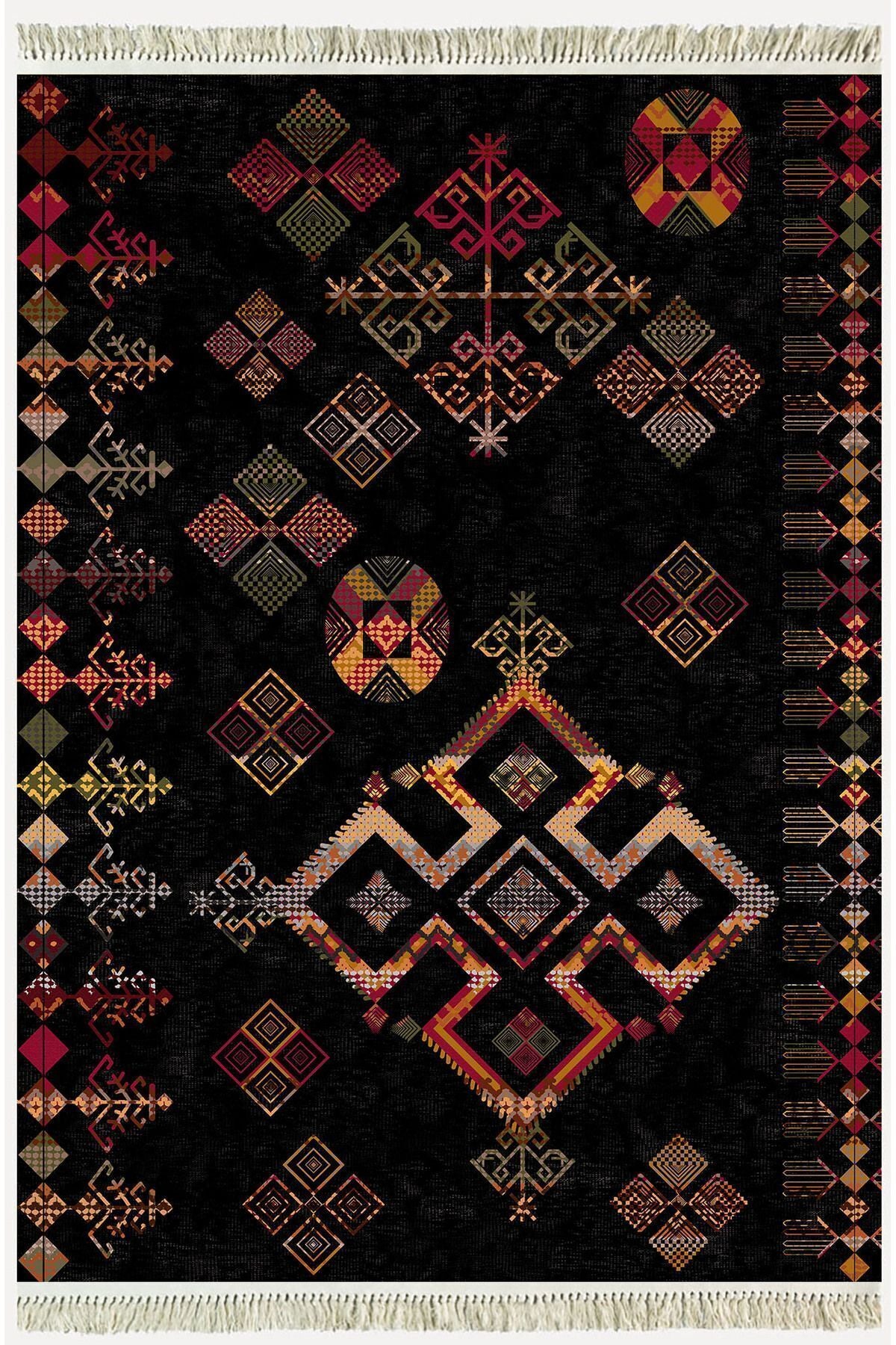 Cotton Serisi Siyah Tonlu Geometrik Eskitme Desen Dekoratif Dokuma Taban Kilim