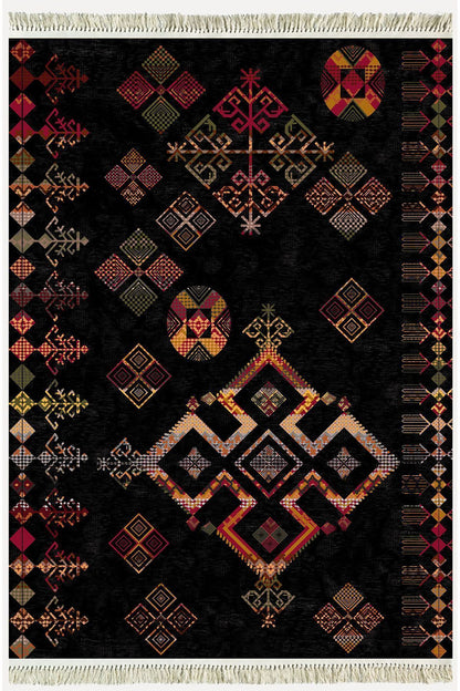 Cotton Serisi Siyah Tonlu Geometrik Eskitme Desen Dekoratif Dokuma Taban Kilim