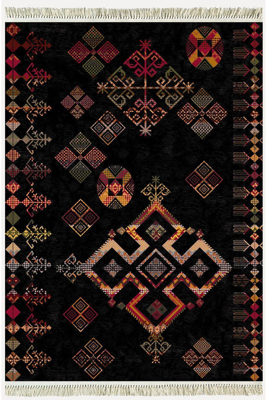 Cotton Serisi Siyah Tonlu Geometrik Eskitme Desen Dekoratif Dokuma Taban Kilim
