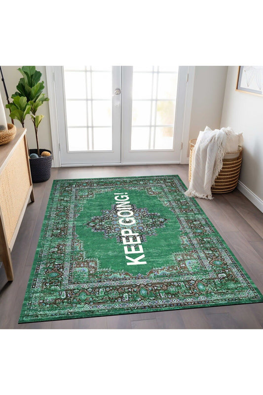Halı Vagonu 185 Keep Going Yazılı Yeşil Etnik Vintage Dokuma Taban Halı