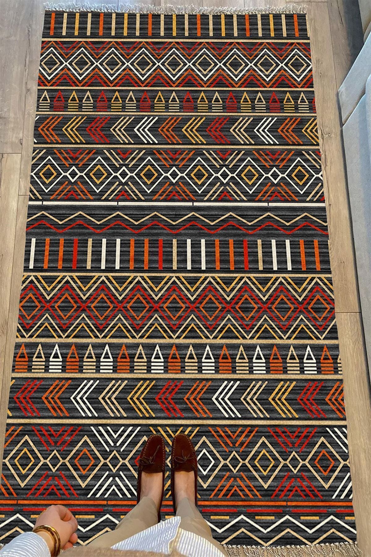 Cotton Serisi Multy Tonlarında Etnik Iskandinav Eskitme Desen Dekoratif Dokuma Taban Kilim