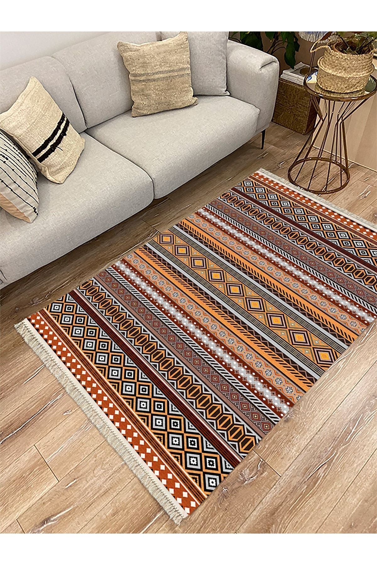 Cotton Serisi Hardal Ve Natural Tonlarında Geometrik Eskitme Desen Dekoratif Dokuma Taban Kilim
