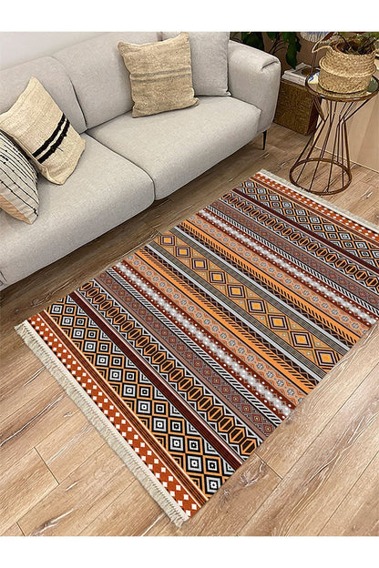 Cotton Serisi Hardal Ve Natural Tonlarında Geometrik Eskitme Desen Dekoratif Dokuma Taban Kilim