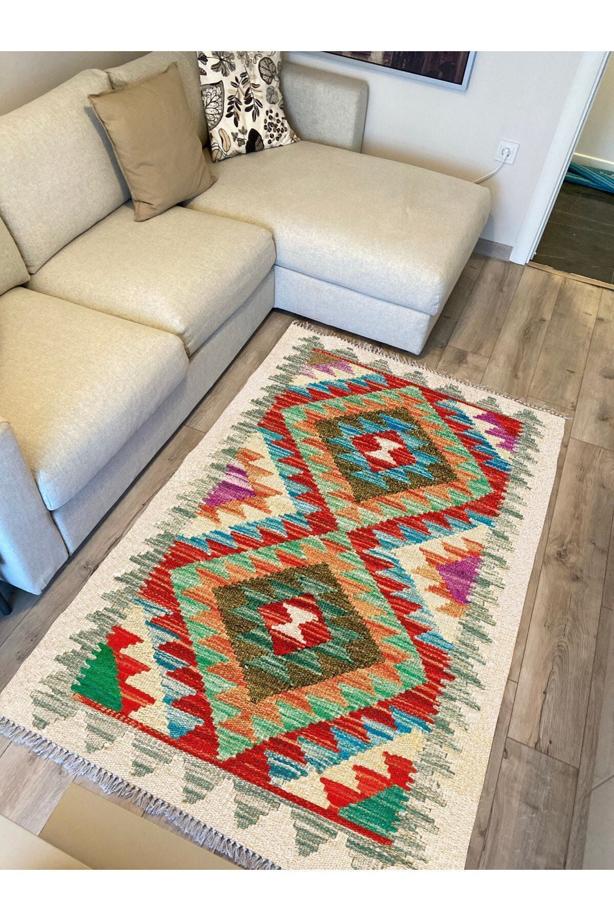 Cotton Serisi Multy Tonlarında Otantik Eskitme Geometrik Desen Dekoratif Dokuma Taban Kilim