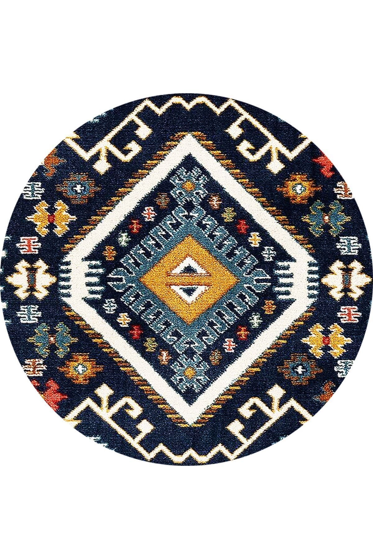 Boho 952 Lacivert Etnik Ve Geometrik Jüt Rengi Örgü Yuvarlak Natural Çift Taraflı Halı