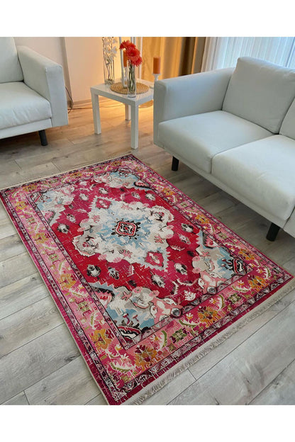 Halı Vagonu Halı98 Fuşya Tonlarında Klasık Dekoratif Halı Salon Halısı Saçaklı Yıkanabilen Halı