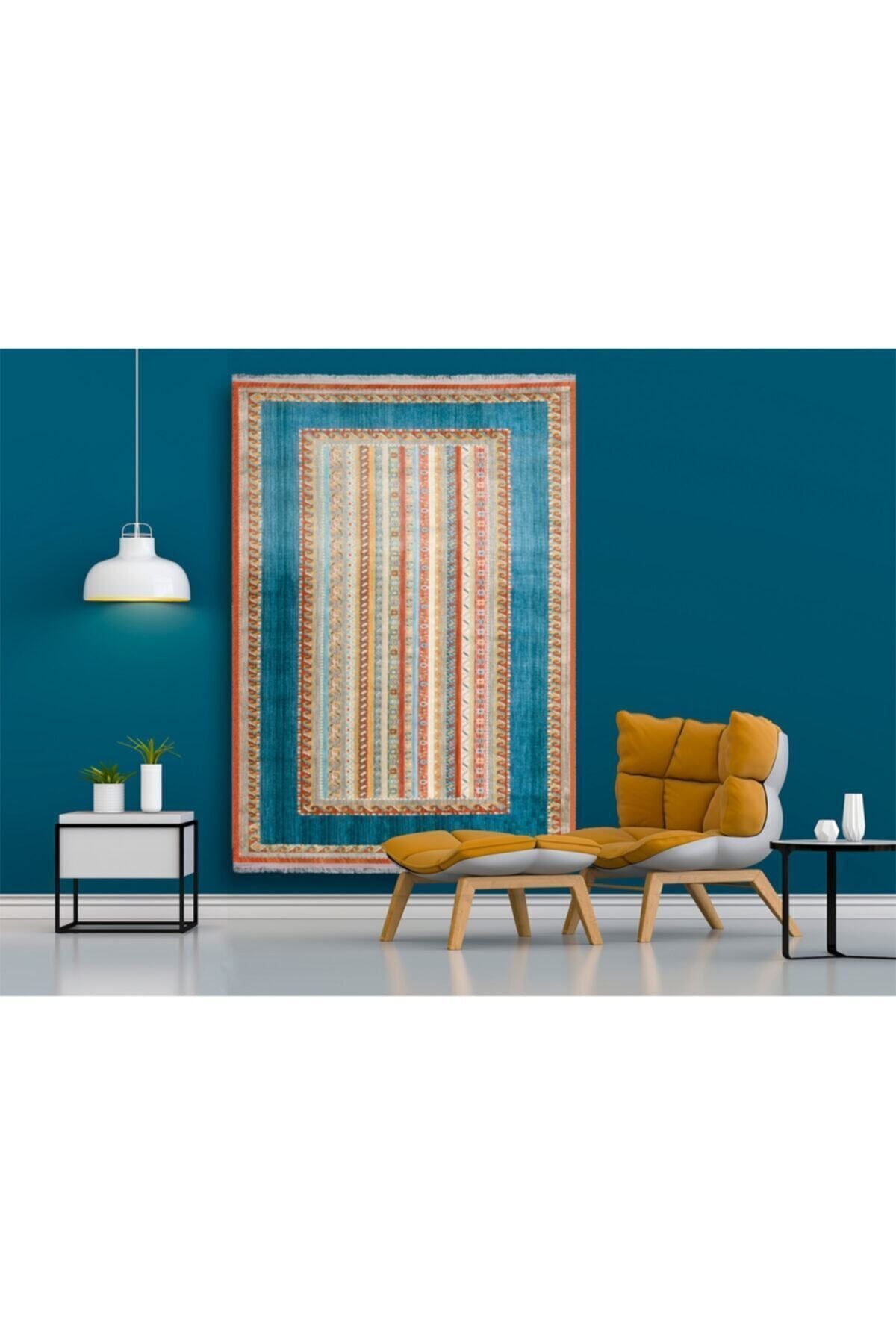 Halı Vagonu 2017 Mavi Tonunda Geometrik Desen Kaymaz Taban Dekoratif Halı