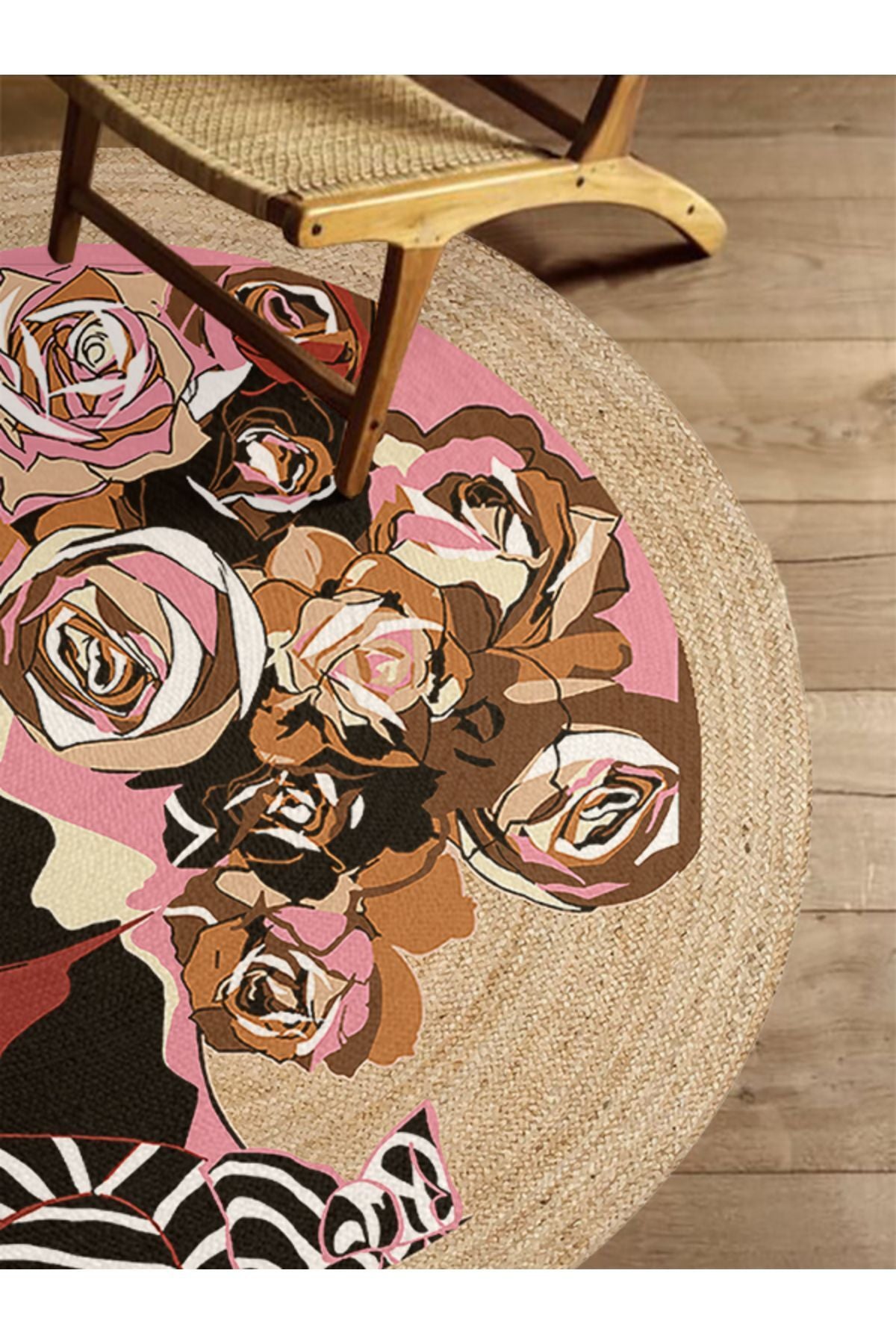 Boho 905 Jut Renkli Kadın Temalı Etnik Örgü Yuvarlak Natural Renk Çift Taraflı Halı, zarif deseni ve doğal renkleriyle ev dekorasyonuna sıcaklık katan bir halı.