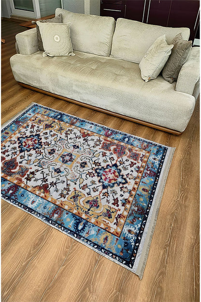 Halı Vagonu Halı 100 Mavi Tonlarında Klasık Dekoratif Halı Salon Halısı Saçaklı Yıkanabilen Halı