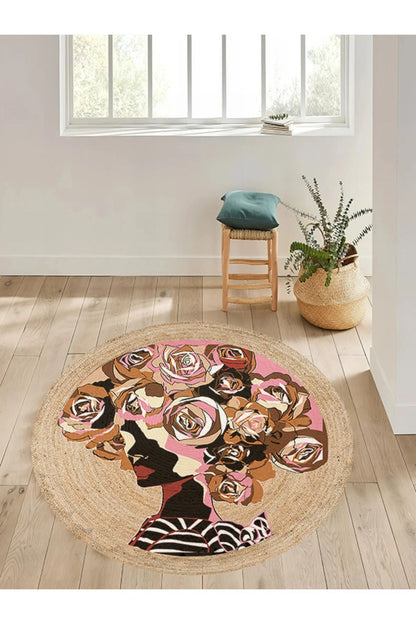 Boho 905 Jut Renkli Kadın Temalı Etnik Örgü Yuvarlak Natural Renk Çift Taraflı Halı, kolay temizlenebilir yapısıyla pratik bir iç mekan çözümü.