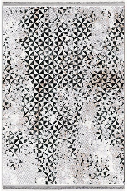 Halı Vagonu 2093 Gri Tonlarında Eskitme Geometrik Desen Kaymaz Taban Dekoratif Halı