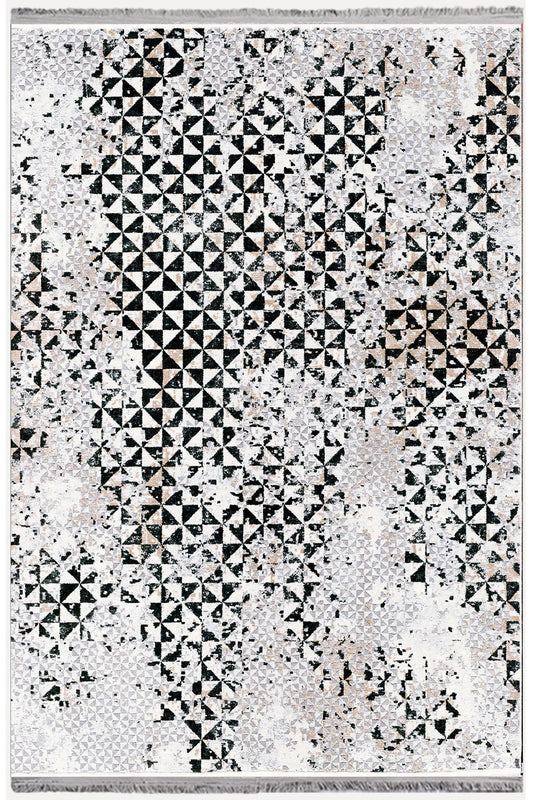 Halı Vagonu 2093 Gri Tonlarında Eskitme Geometrik Desen Kaymaz Taban Dekoratif Halı