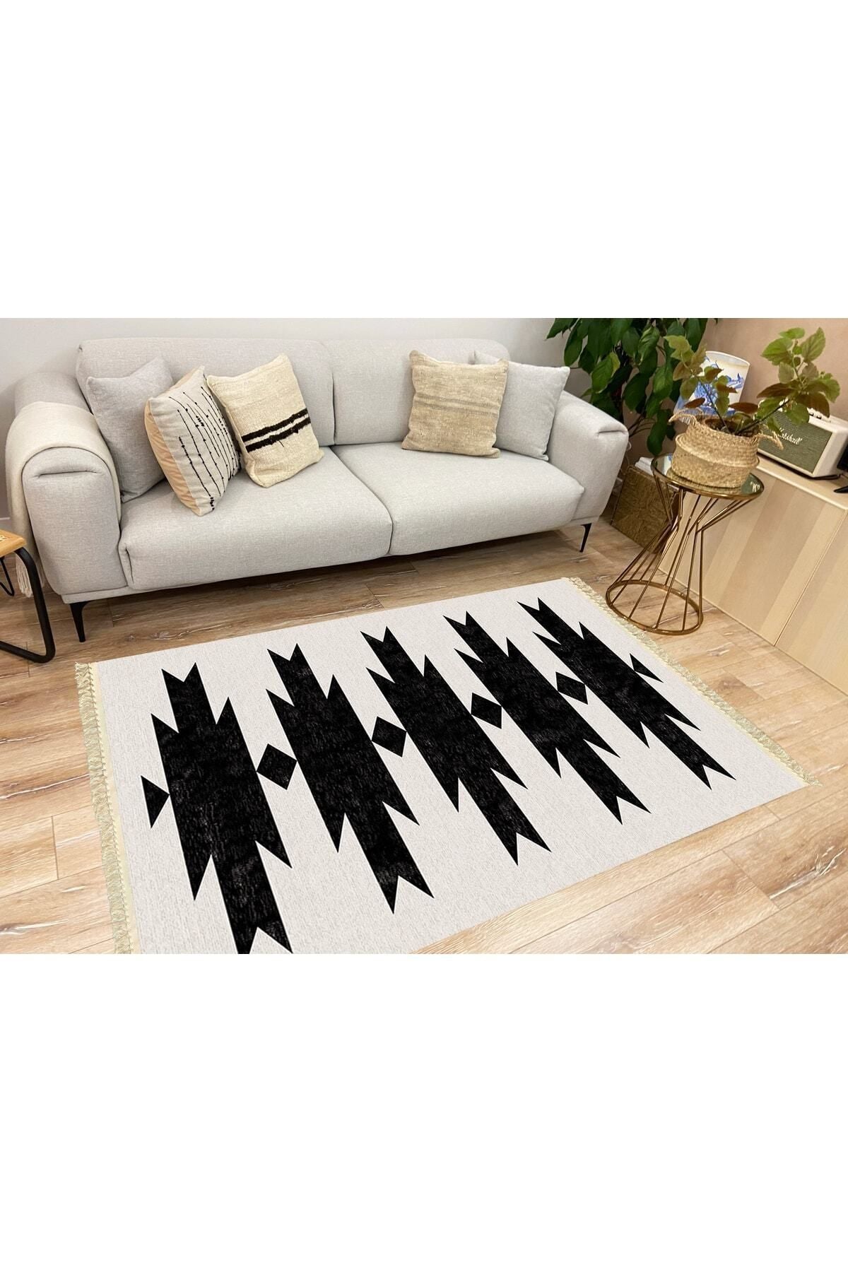 Cotton Serisi Açık Gri Ve Siyah Tonunda Geometrik Desen Dekoratif Dokuma Taban Kilim